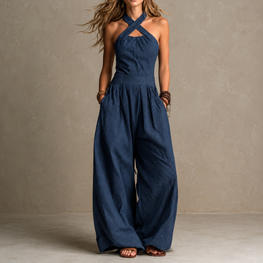 Conjunto de lino azul y algodón con un elegante escote cruzado