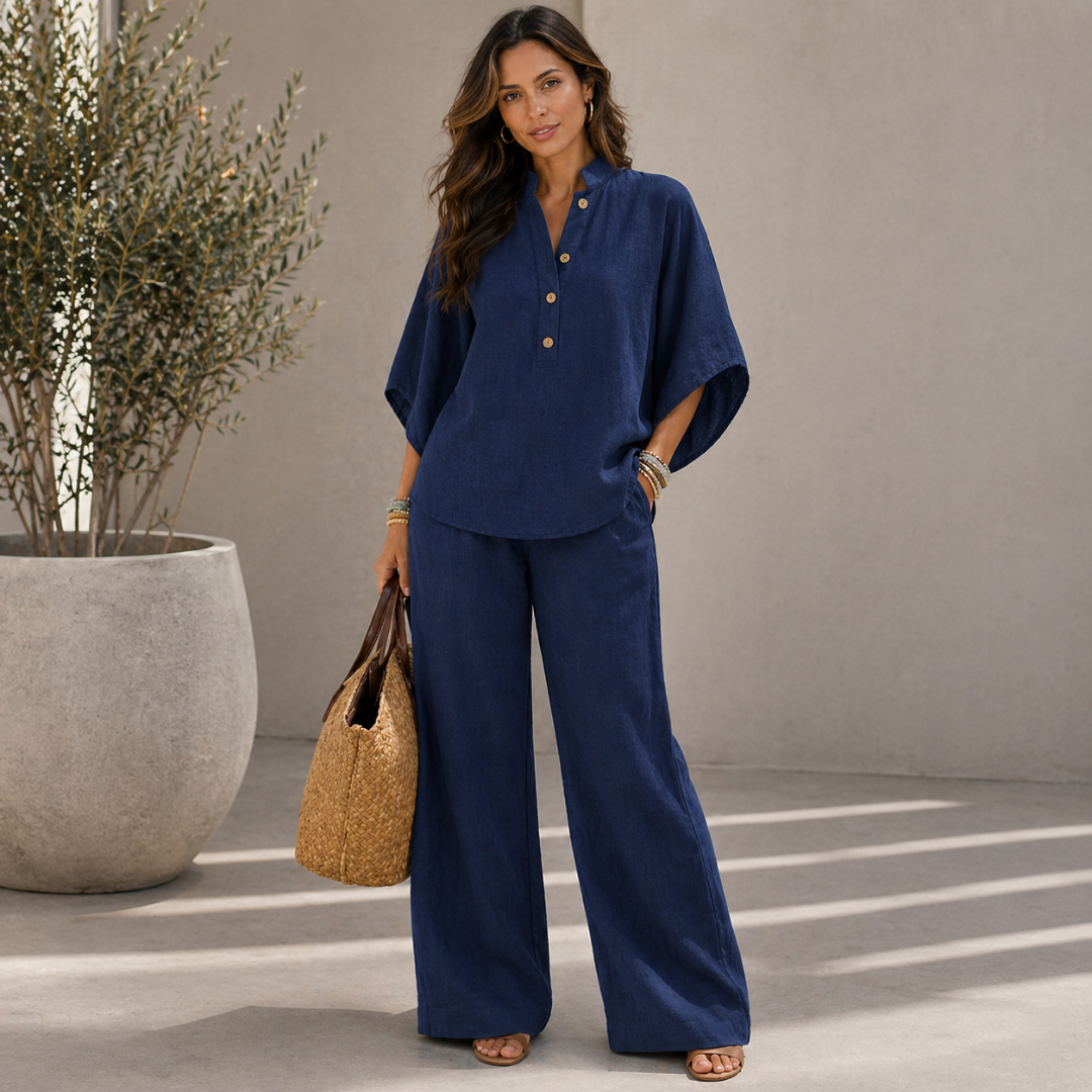 Conjunto de lino con mangas murciélago y pantalón ancho
