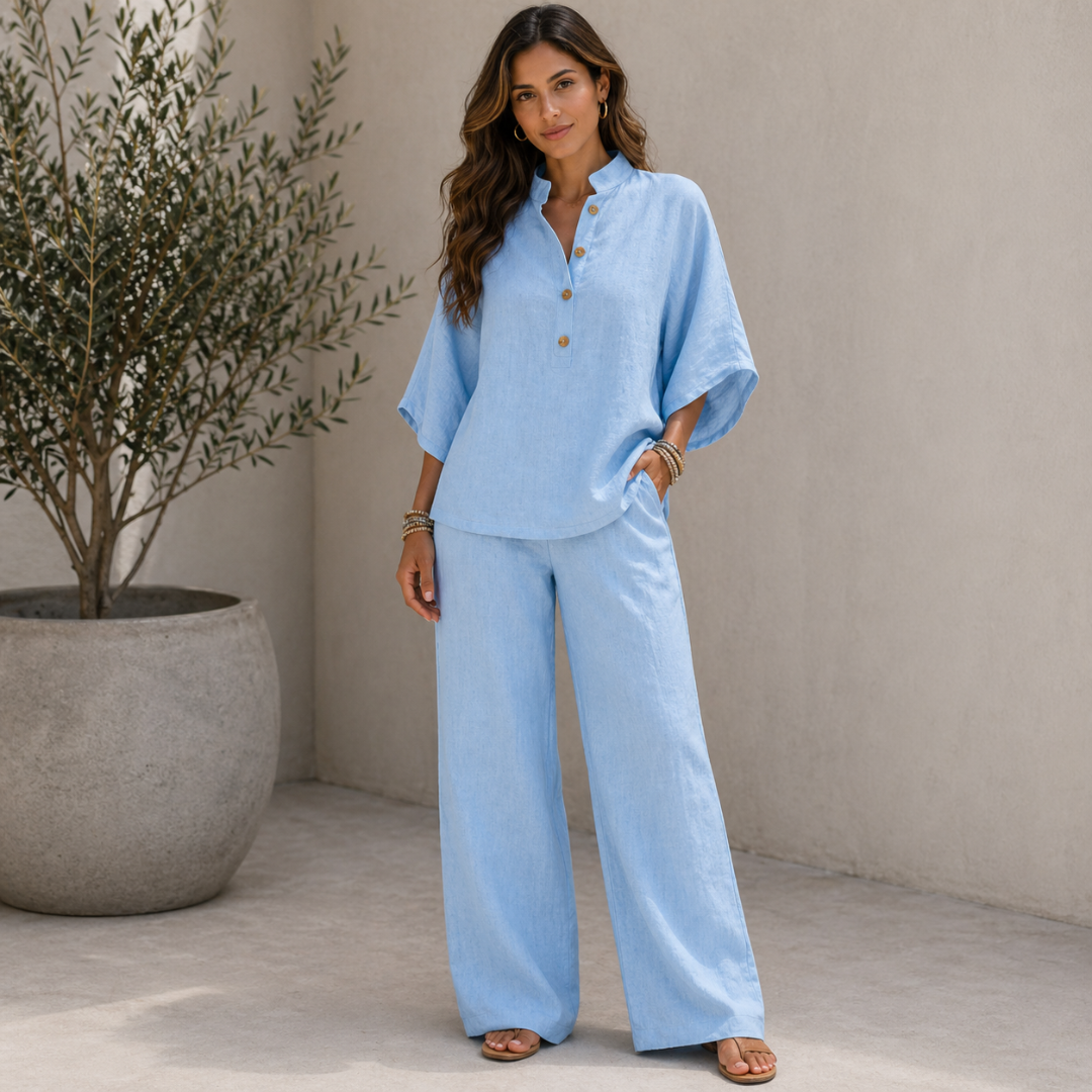 Conjunto de lino con mangas murciélago y pantalón ancho