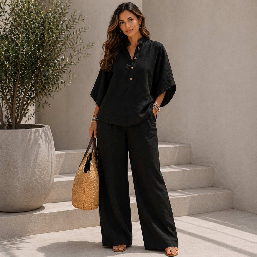 Conjunto de lino con mangas murciélago y pantalón ancho