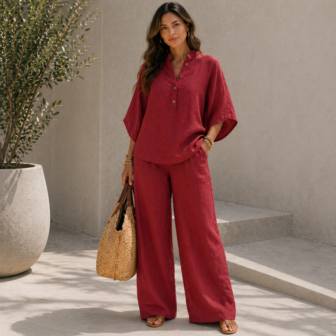 Conjunto de lino con mangas murciélago y pantalón ancho