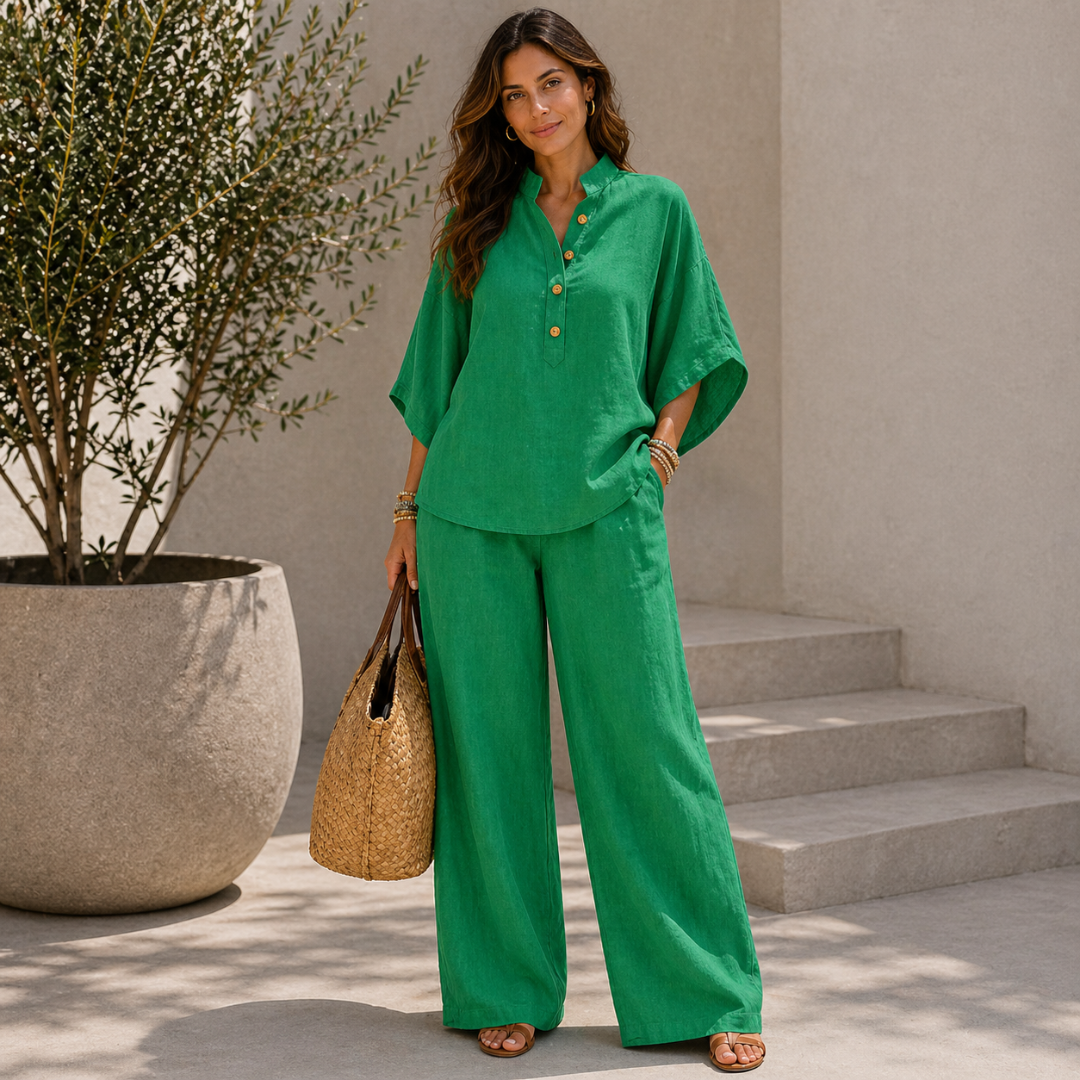 Conjunto de lino con mangas murciélago y pantalón ancho