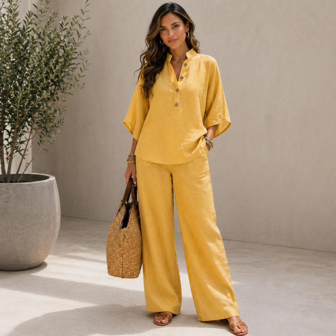 Conjunto de lino con mangas murciélago y pantalón ancho