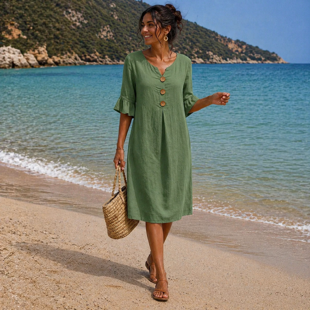 Vestido con textura de lino con manga abullonada y botones