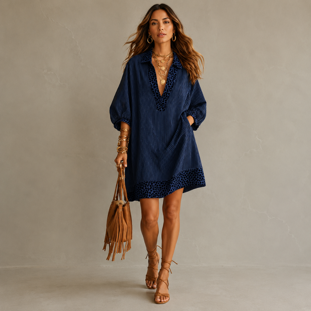 Vestido con paneles estampados de leopardo, mangas abullonadas y camisa a rayas