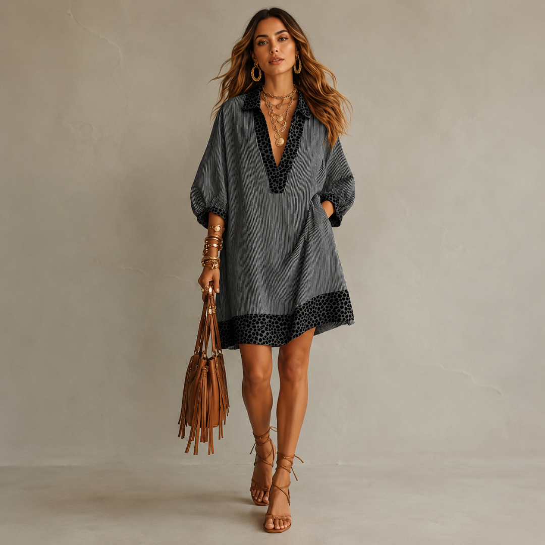Vestido con paneles estampados de leopardo, mangas abullonadas y camisa a rayas